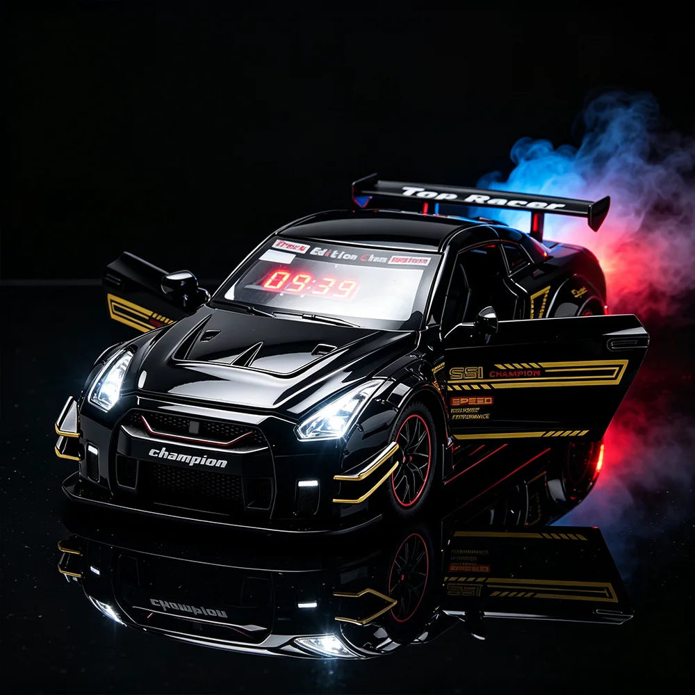 A black racing car model is displayed on a dark surface with smoke effects and reflections.