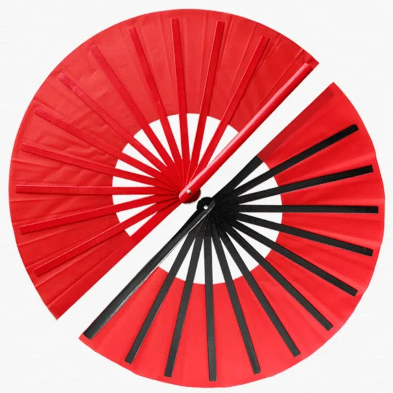 A red traditional folding fan with a white circle design, shown in an open, fan-like display.