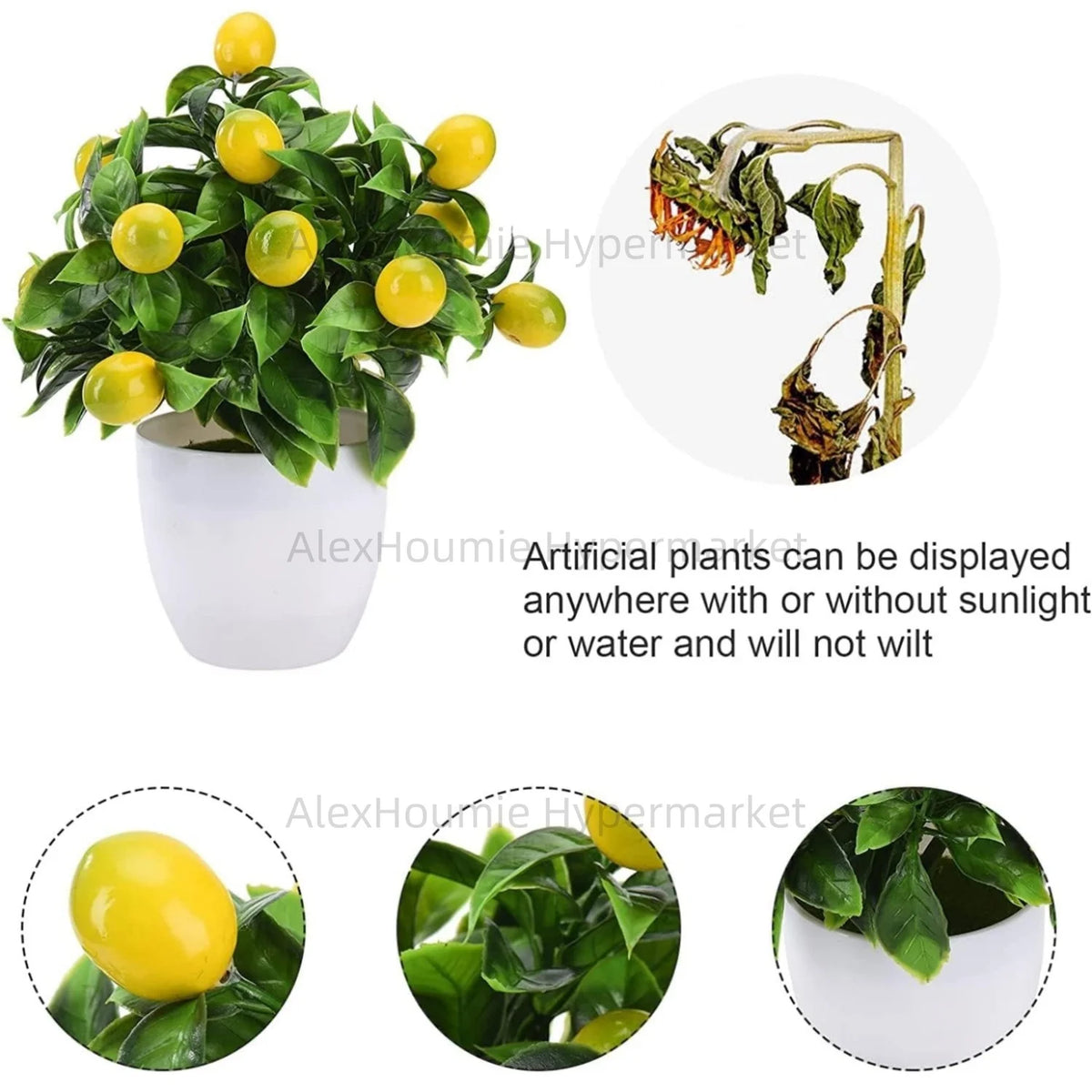 Artificial lemon tree bonsai plant in a white pot with green leaves