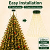 Christmas tree lights with a top ring design and hanging strands of warm white lights