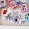 A collection of photo keychains featuring cartoon milk bottle images on various colored card backgrounds.