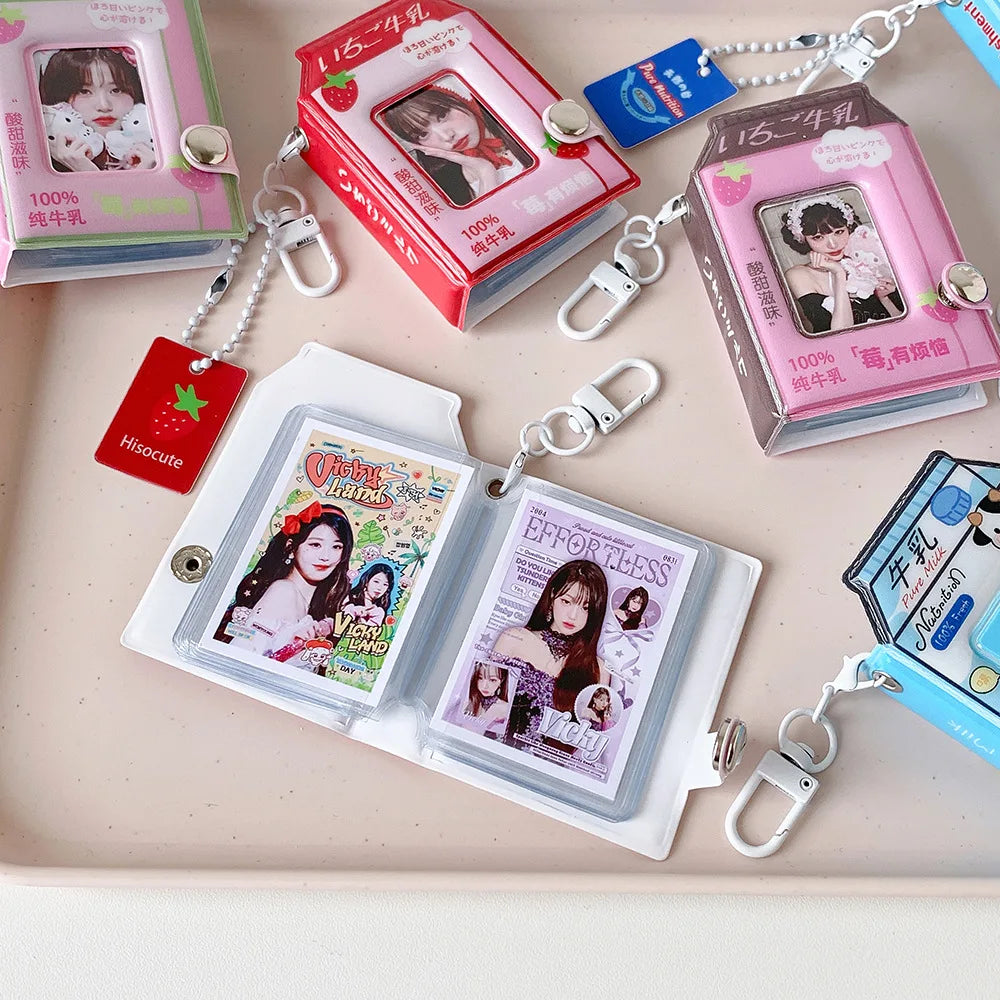 A collection of photo keychains featuring cartoon milk bottle images on various colored card backgrounds.