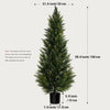 A tall artificial cedar topiary tree in a black pot, showing its dimensions.
