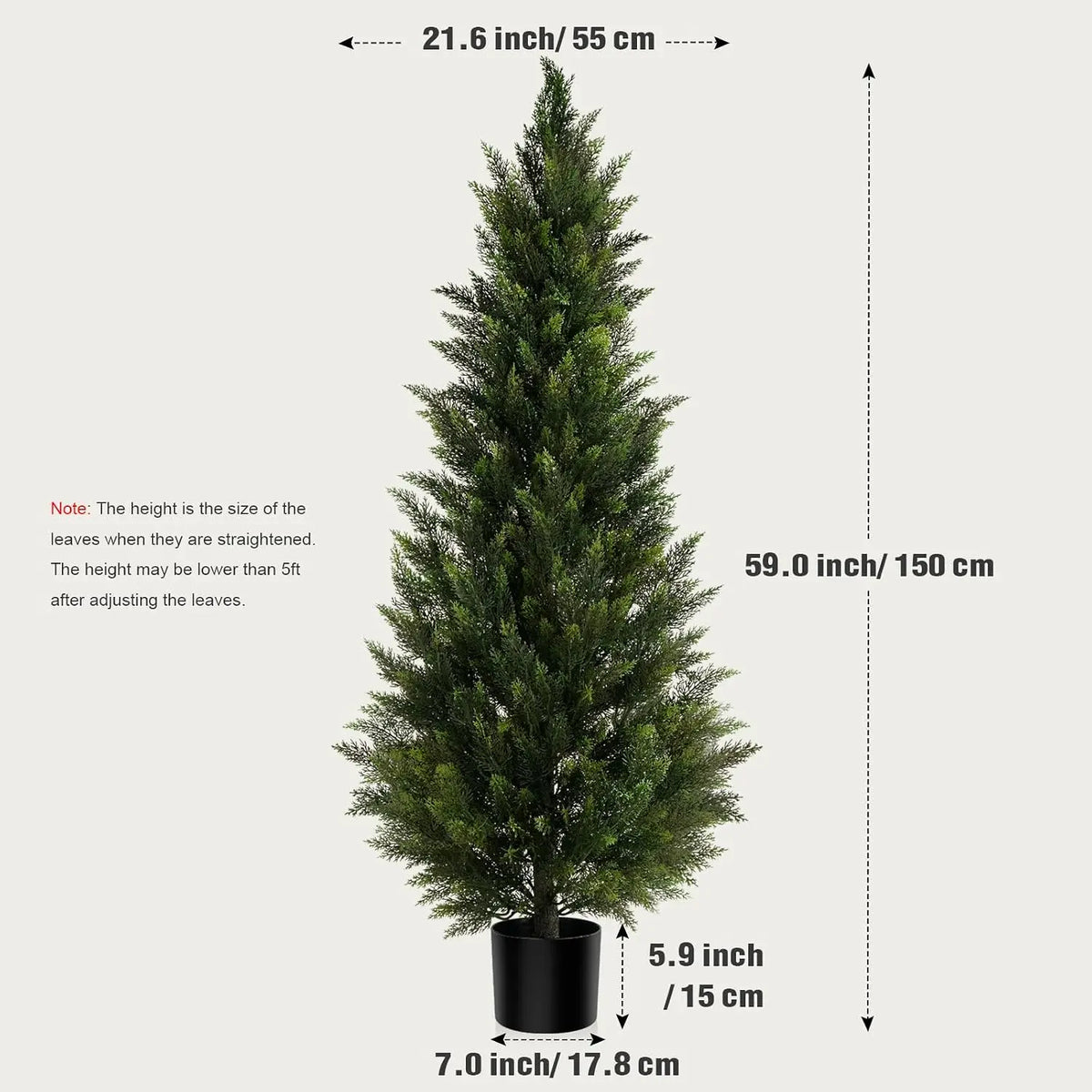 A tall artificial cedar topiary tree in a black pot, showing its dimensions.