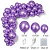 A purple latex balloon garland kit showing balloons, ribbon, chain, and glue for party decor.