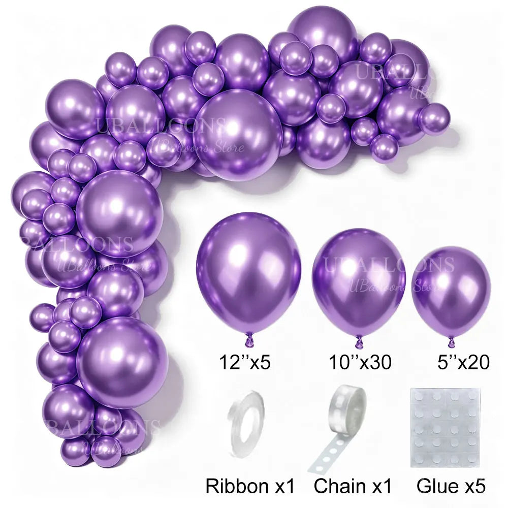 A purple latex balloon garland kit showing balloons, ribbon, chain, and glue for party decor.