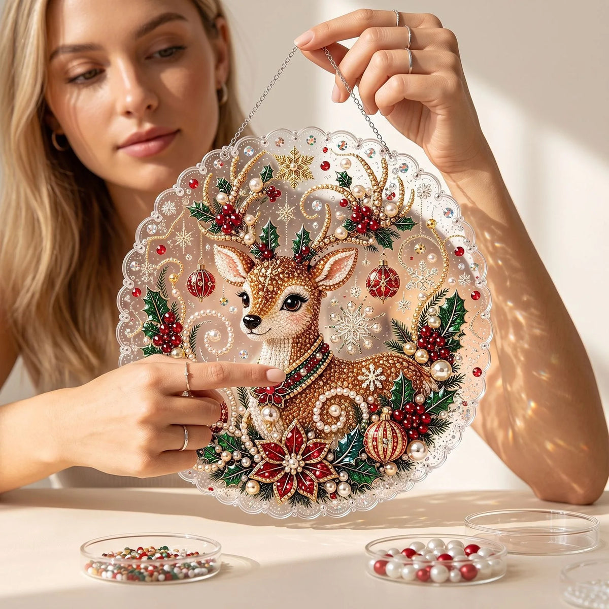 Hands are assembling a clear acrylic round Christmas ornament featuring a deer design and intricate pearl details.