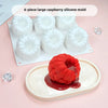 A white silicone mold with six cavities is displayed alongside a red raspberry mousse dessert.
