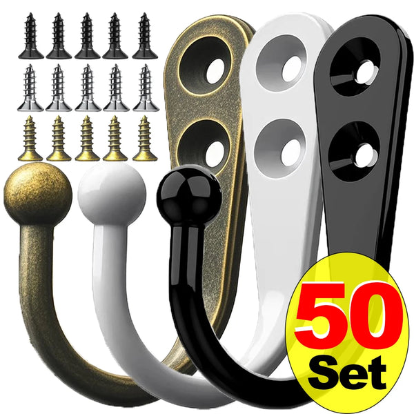 A set of five rustproof zinc alloy wall hooks in various colors and finishes with screws.