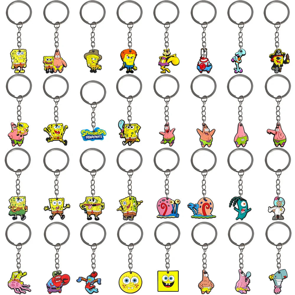 A set of SpongeBob SquarePants cartoon keychains hanging from metal rings.