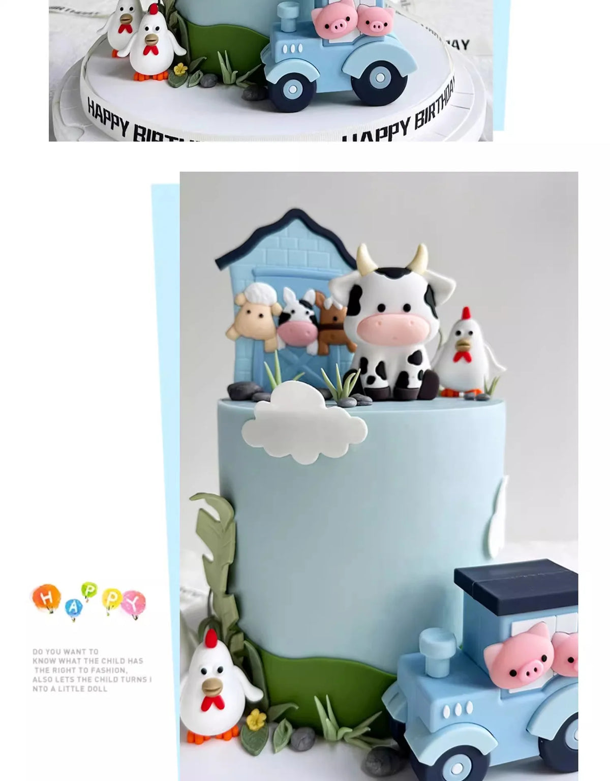 A light blue cake decorated with farm animal toppers including a white sheep, a pink pig, and a green plant.