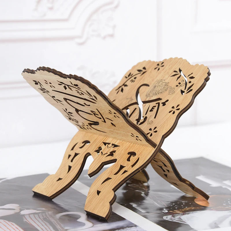 Elegant wooden book stand carved with intricate patterns for holding Quran and holy books