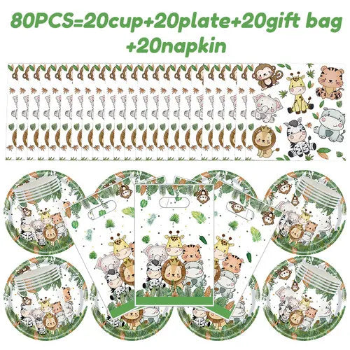 A set of 80 pieces of jungle safari birthday decor including cups plates gift bags and napkins
