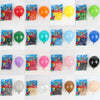 A variety of colorful latex balloons in various colors and patterns are displayed in packaged kits for party decor.