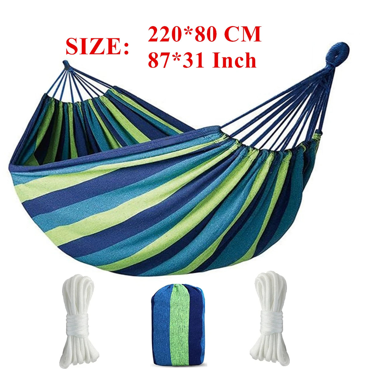 A striped canvas camping hammock is shown with straps and a storage bag, featuring blue and green colors.