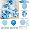 A large arrangement of blue and light blue latex balloons in various sizes, including 10-inch, 12-inch, and 18-inch balloons.