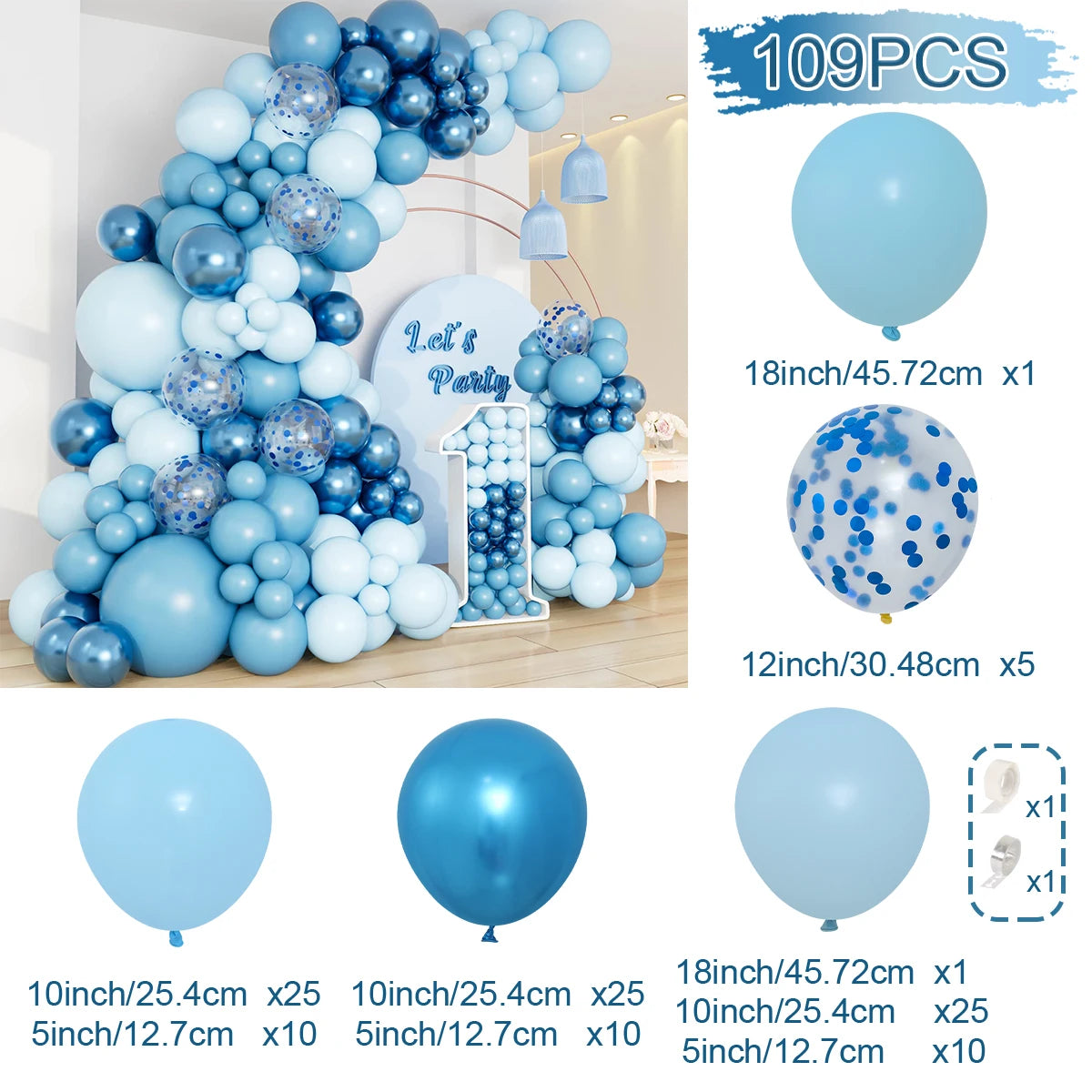 A large arrangement of blue and light blue latex balloons in various sizes, including 10-inch, 12-inch, and 18-inch balloons.