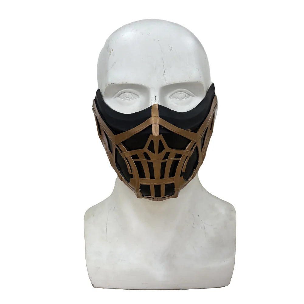 A black and gold half-face mask for a Mortal Kombat Sub-Zero and Scorpion cosplay.