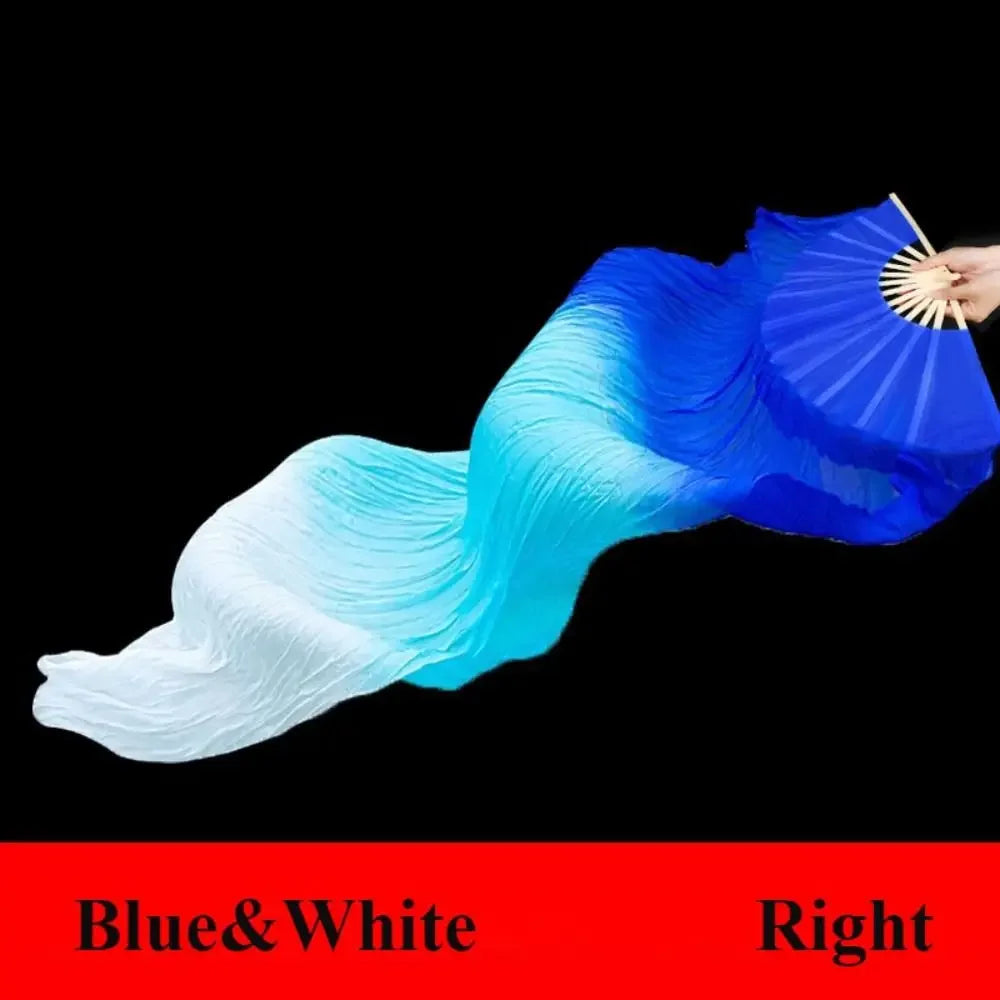 A blue and white silk ribbon dance fan is shown from the right side, displaying a gradient color effect.