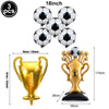 A set of three silver soccer balls and a gold championship trophy for party decoration.