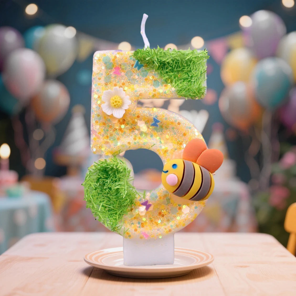 A decorative number five candle made of yellow glitter and green moss, set against a blurred background of balloons.