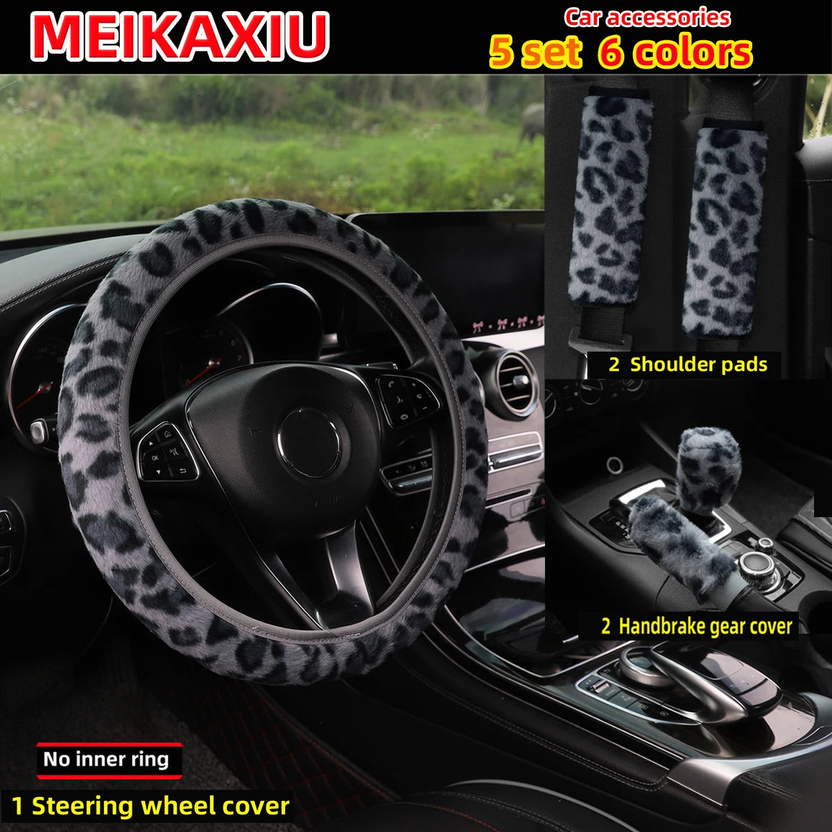 A set of five leopard print car accessories including a steering wheel cover, two shoulder pads, and a handbrake gear cover.