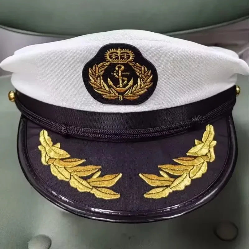 A black naval captain's hat with gold embroidery and a matching scarf set.