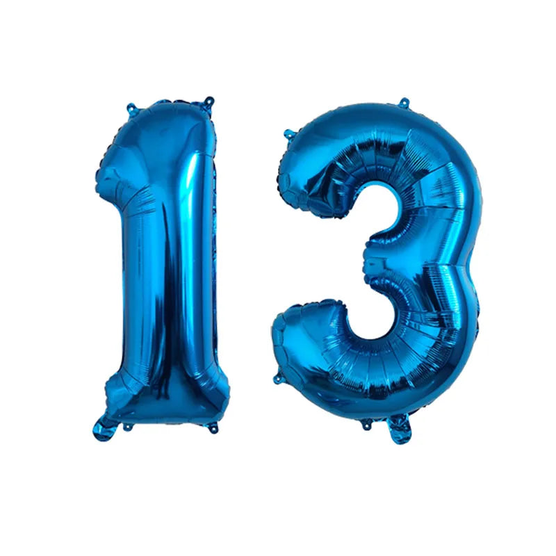 A shiny blue foil number balloon shaped like the number 13 for birthday party decor