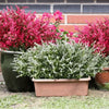 A potted artificial flower bouquet featuring vibrant pink and magenta foliage in a terracotta planter.