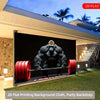 A large 2D flat printing backdrop featuring a muscular gorilla lifting a barbell for a party or gym setting.