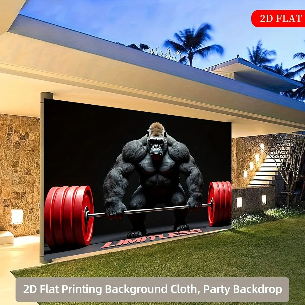 A large 2D flat printing backdrop featuring a muscular gorilla lifting a barbell for a party or gym setting.
