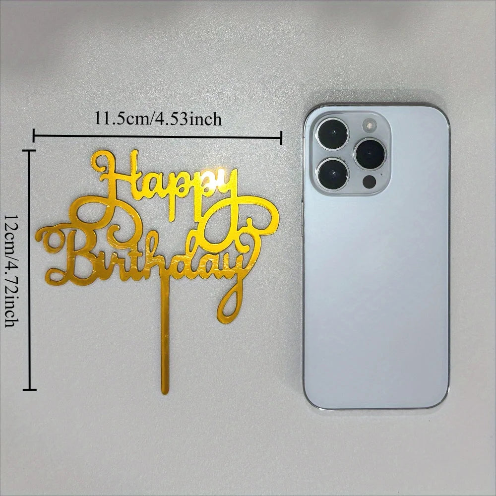 Gold acrylic happy birthday topper with a stick and a measurement guide