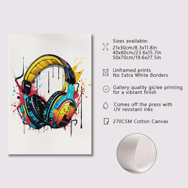 A set of three modern canvas wall art prints featuring yellow headphones with colorful splatter designs.
