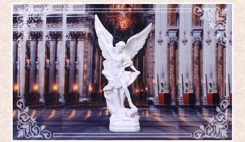 A white resin figurine of Saint Michael Archangel with large wings standing in a grand architectural setting.