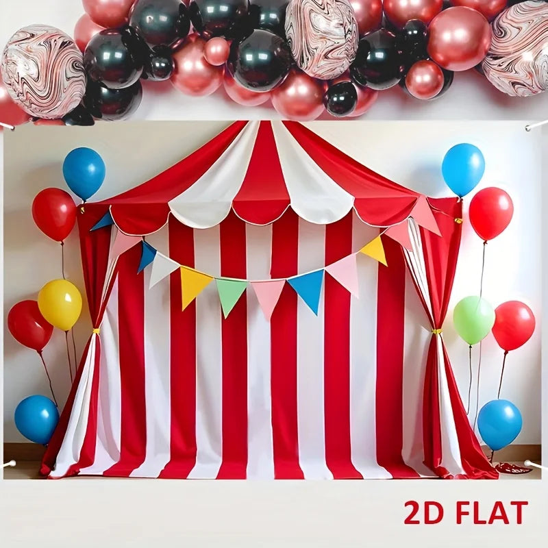 A red and white striped circus party backdrop banner featuring a draped fabric with colorful bunting.