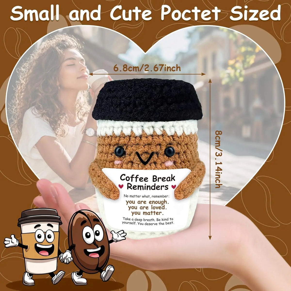 A small, handwoven knitted coffee cup cozy with a smiling doll decoration is shown next to a hand.