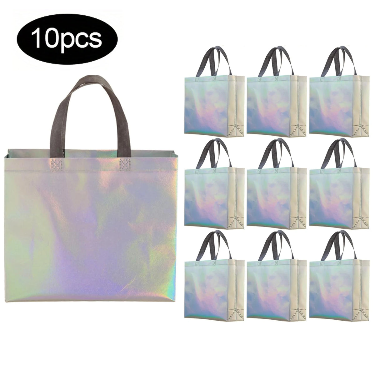 A set of ten iridescent holographic gift bags with sturdy handles shown in various shades.