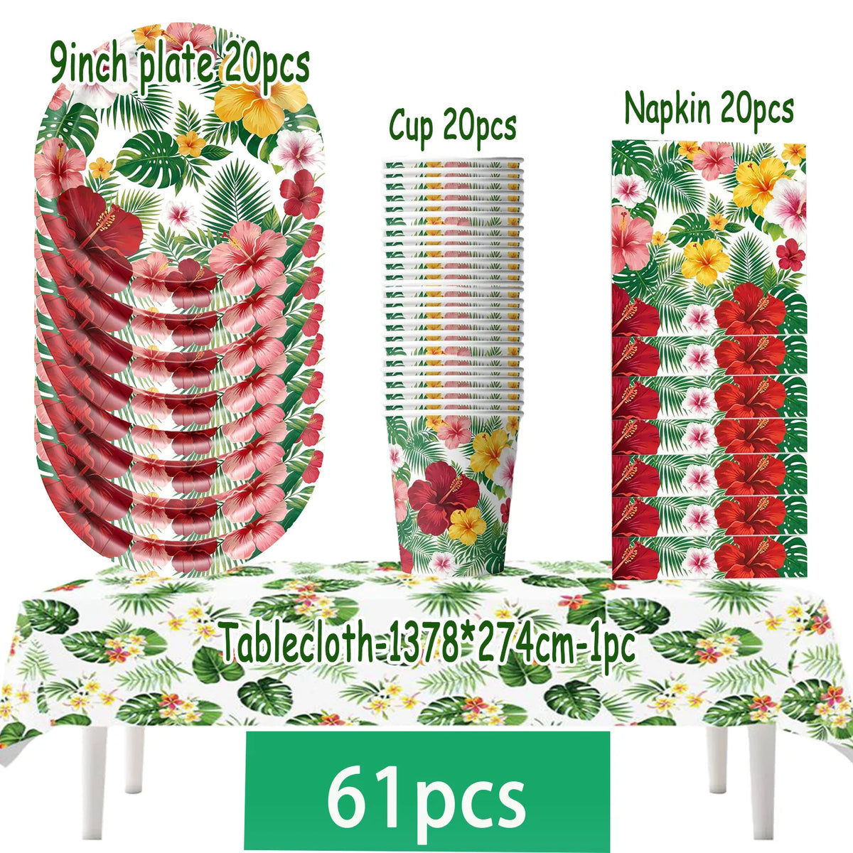 Tropical hibiscus party tableware set including 9 inch plates, cups, and napkins