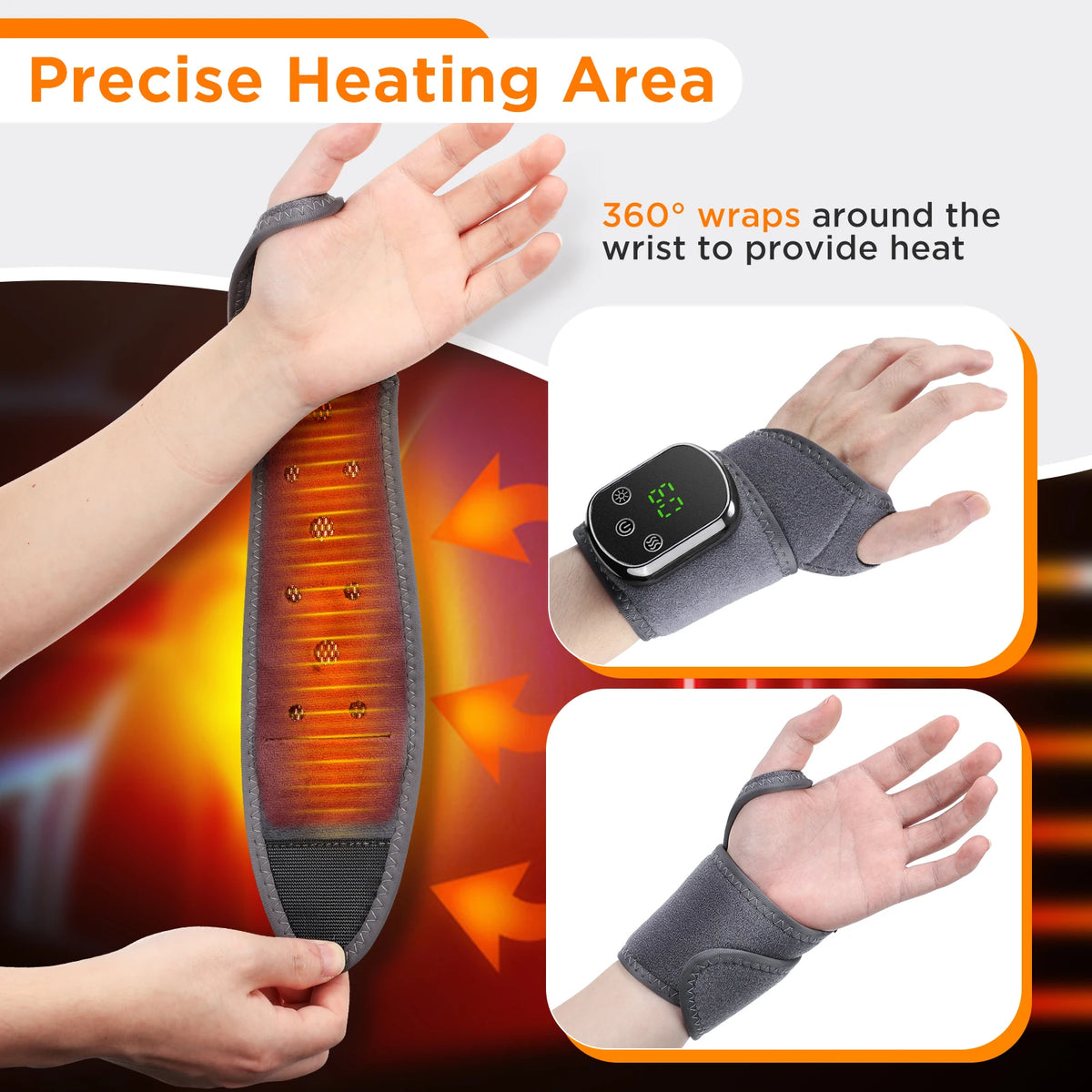 A hand wearing a heated wrist wrap for muscle relief and therapy.