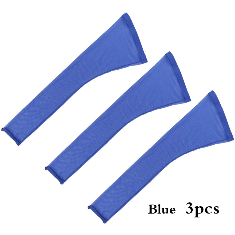 Three blue stretchy hair net caps with drawstring sleeves