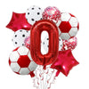 A collection of red and white football and star shaped helium foil balloons for birthday party decorations