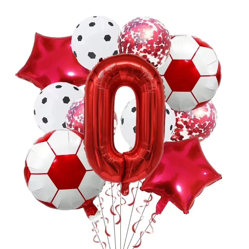 A collection of red and white football and star shaped helium foil balloons for birthday party decorations