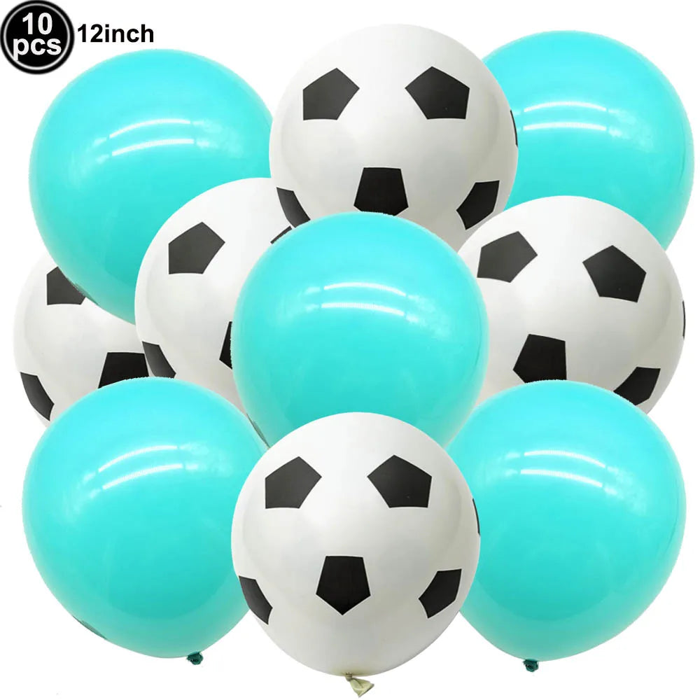 A pack of ten black and white soccer ball shaped latex balloons for party decorations.