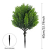 Artificial cypress topiary tree with green foliage and a root extender shown in profile view.