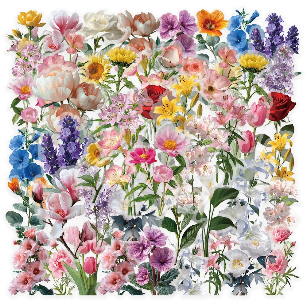 A colorful arrangement of transparent flower decals and floral elements for scrapbooking