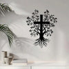Black silhouette wall decor featuring an iron branch cross with roots and surrounding foliage on a light gray wall.