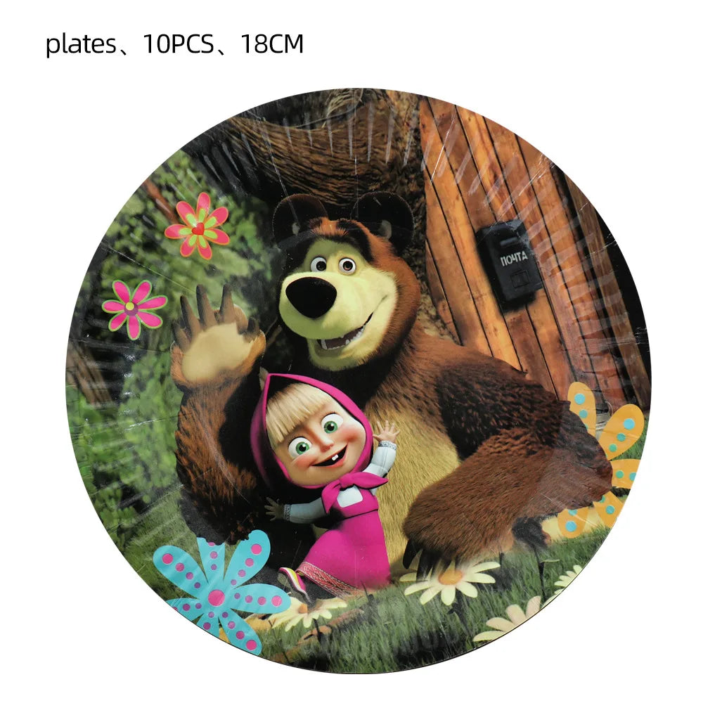 A circular image featuring a cartoon bear and a girl in pink, used as party decor plates.