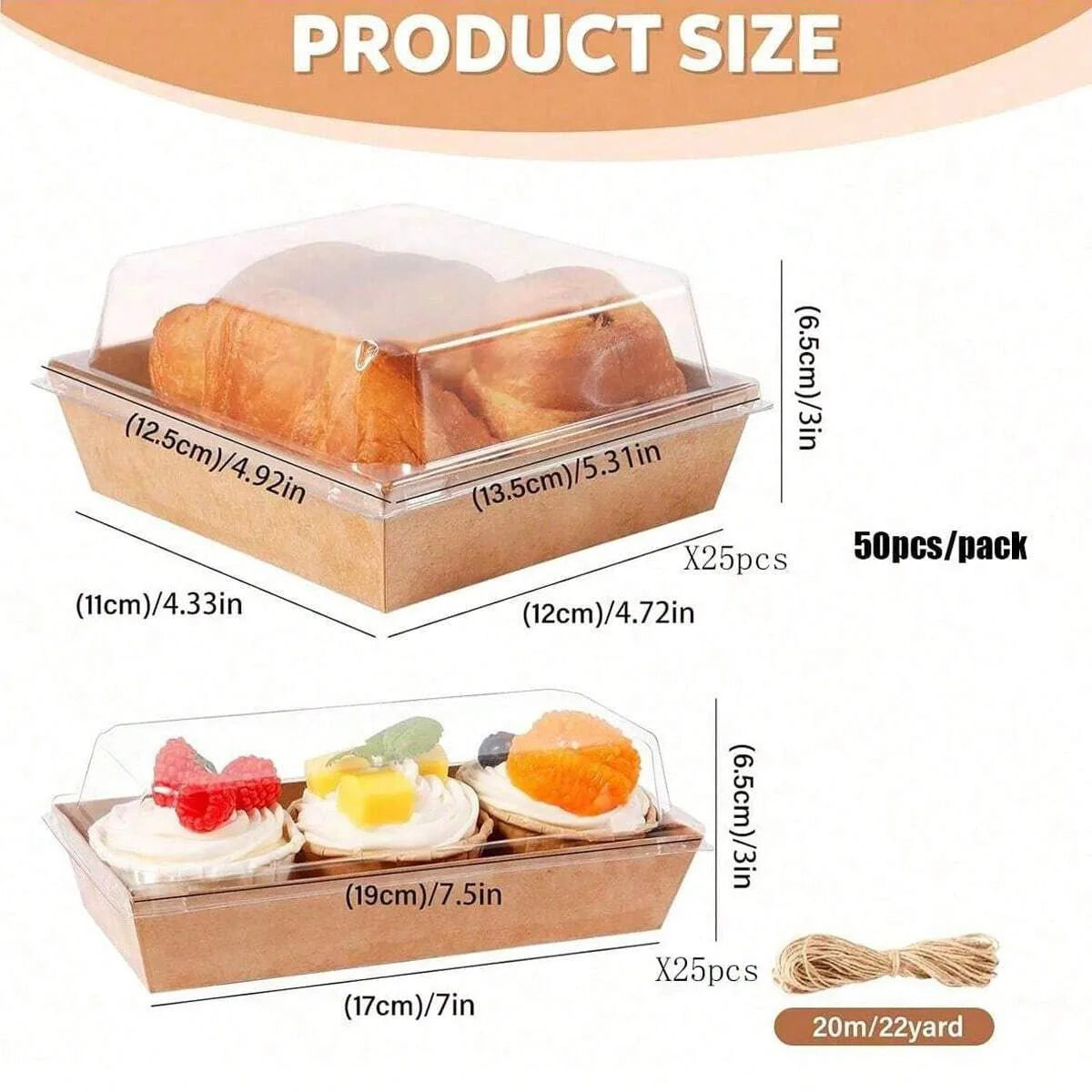 A set of minimalist kraft sandwich boxes for pastries and bread, showing various sizes and a roll of twine.