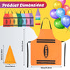 An orange crayon apron and cone hat costume set with seven colored crayons displayed next to the product.
