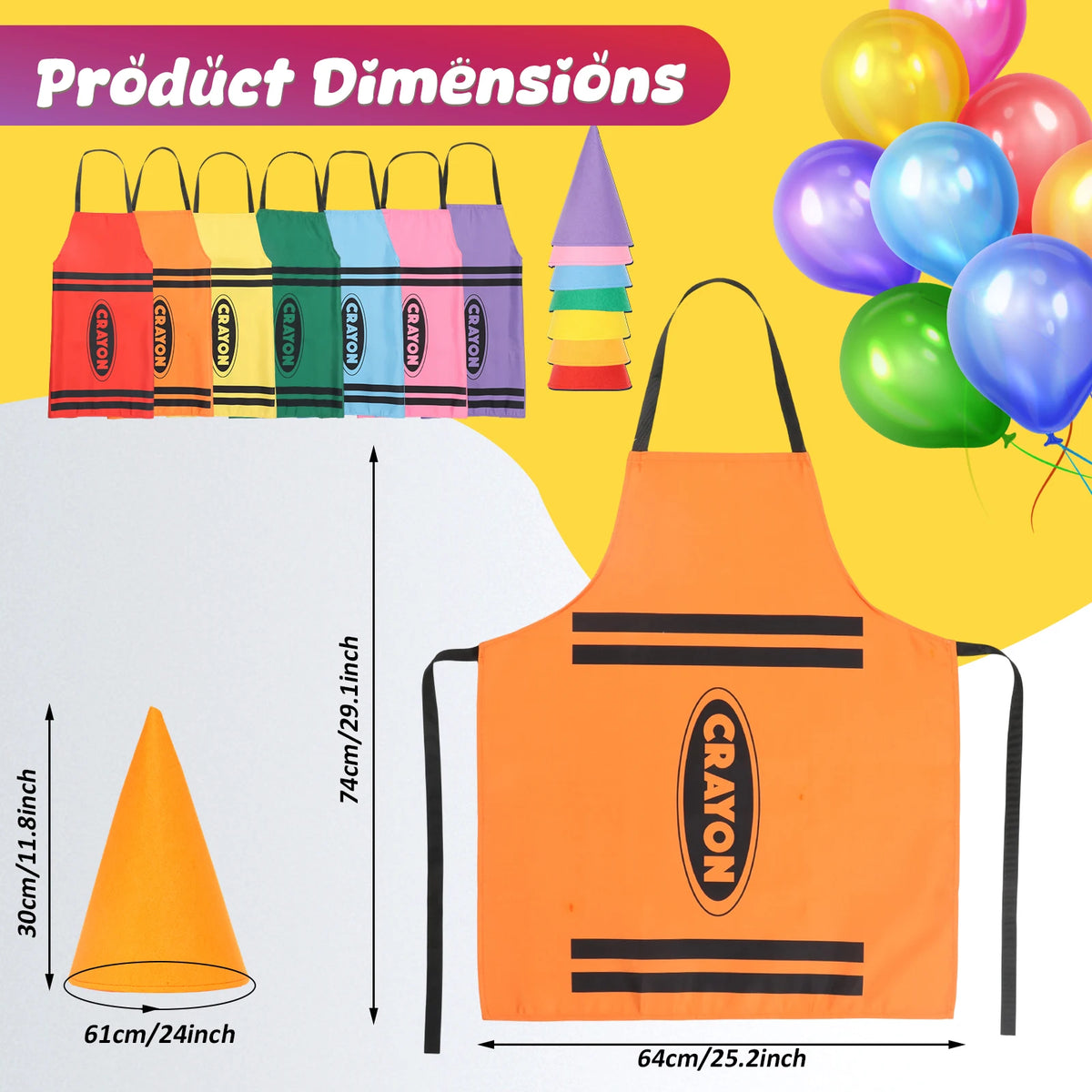 An orange crayon apron and cone hat costume set with seven colored crayons displayed next to the product.